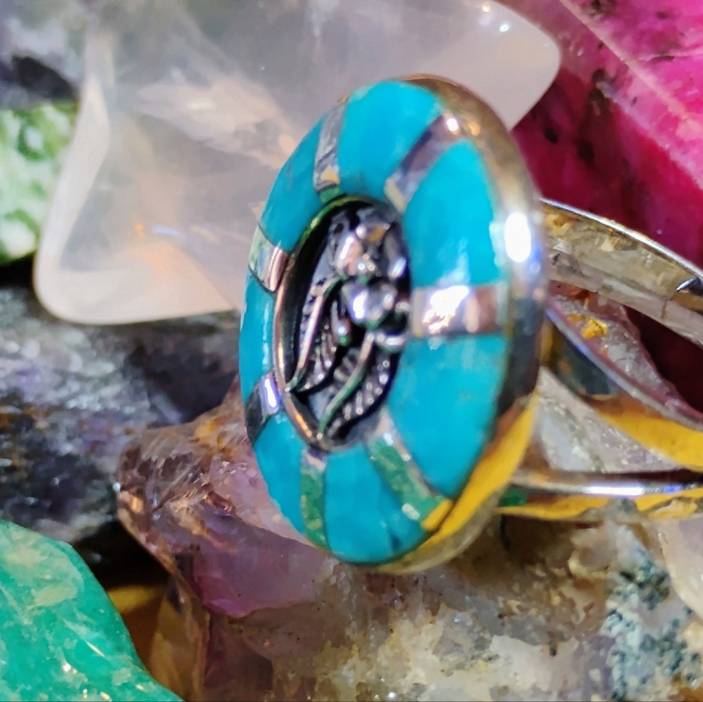 ⭐SANTA FE⭐                      MOJAVE TURQUOISE *INLAY* STERLING RING. SIZE-11 - Picture 5 of 12